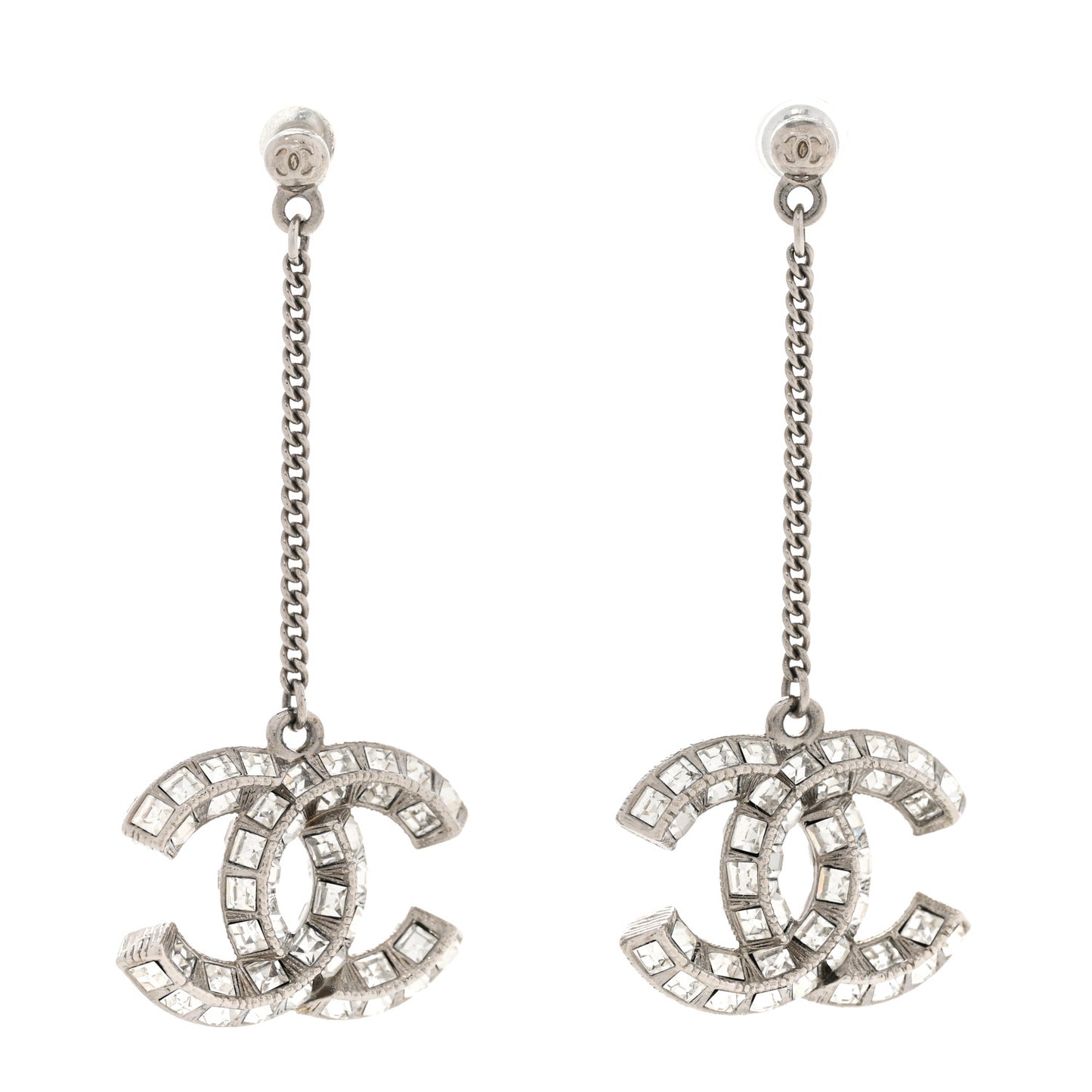 Baguette Crystal CC Drop Earrings Silver