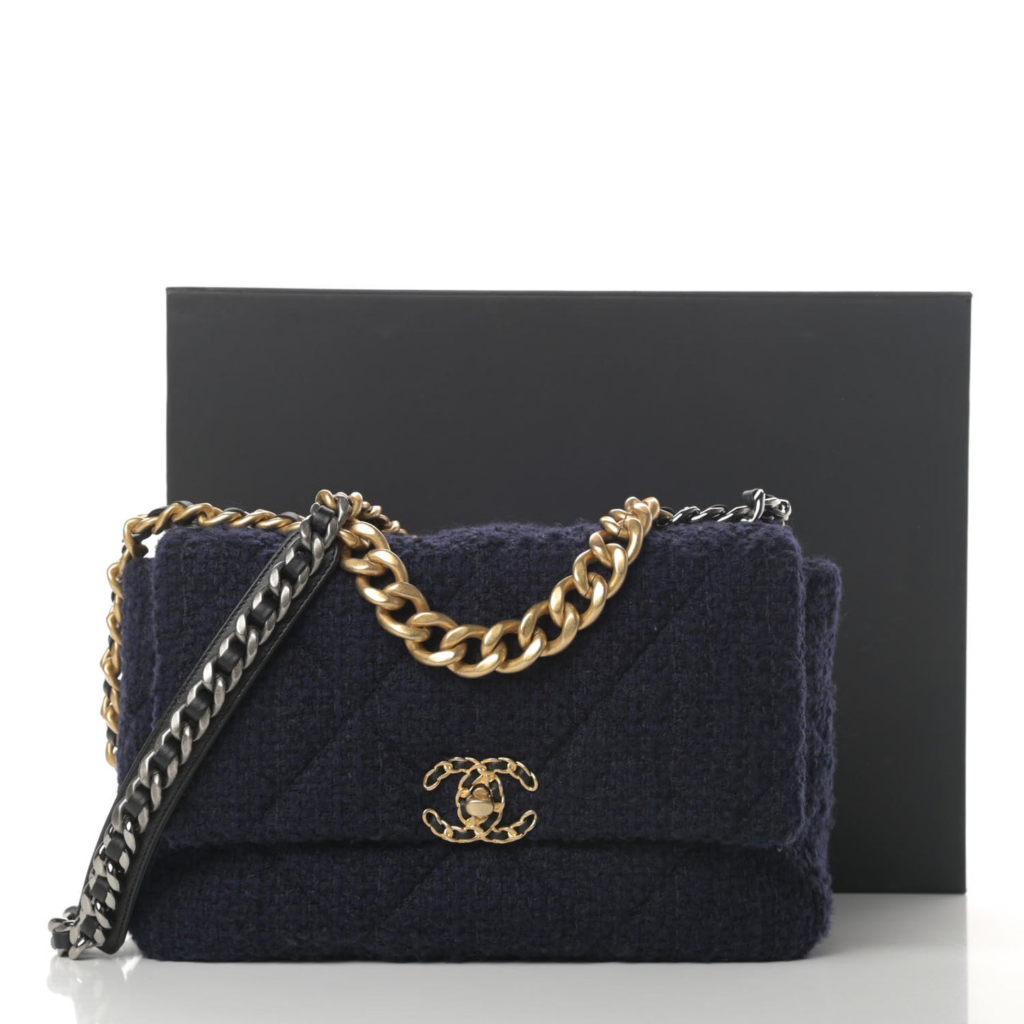 Tweed Quilted Large Chanel 19 Flap Navy Blue