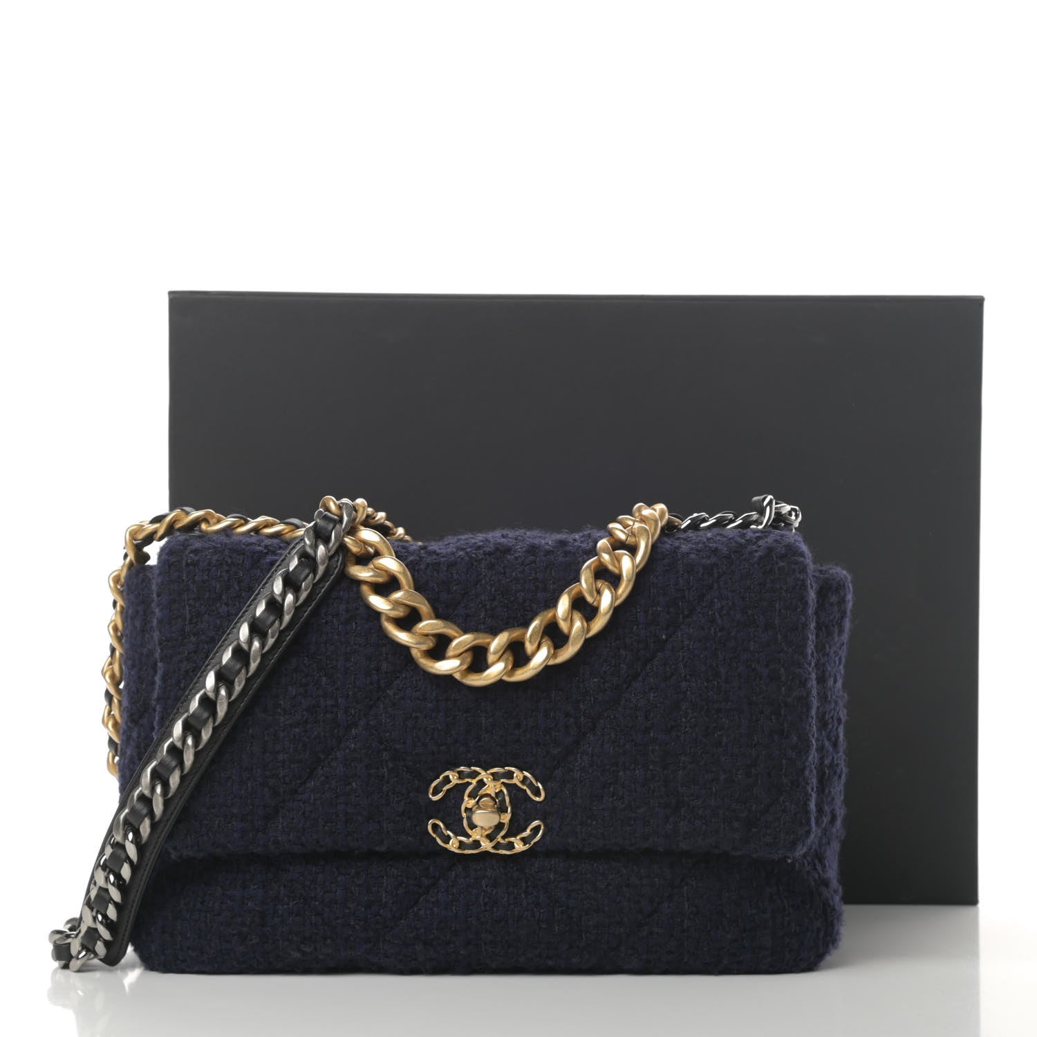 Chanel Tweed Quilted Large Chanel 19 Flap Navy Blue 12 of 12