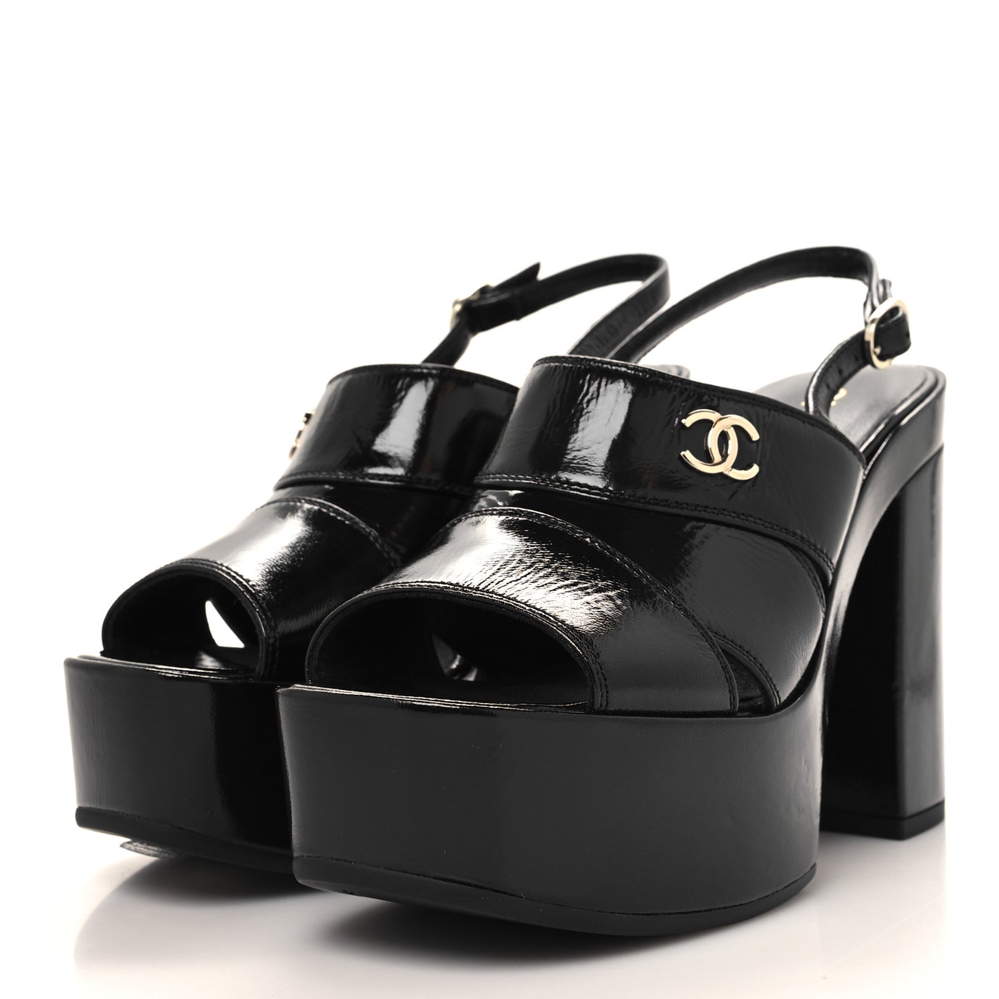 Crumpled Patent Lambskin Platform Sandals 36 Black