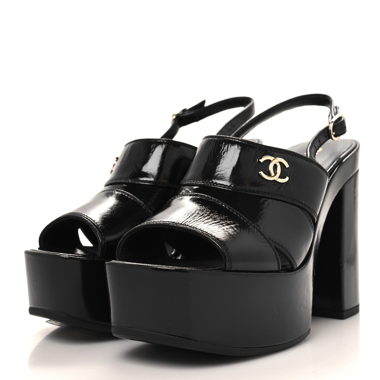 Chanel Crumpled Patent Lambskin Platform Sandals 36 Black 3 of 8