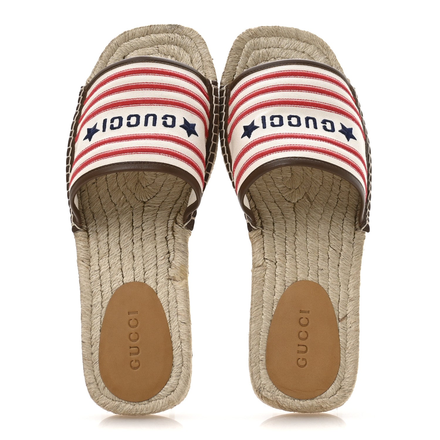 Gucci Canvas Miro Soft Calfskin Striped Mens Espadrille Flat Slide Sandals 10 Greggio Brown Sugar 2 of 9