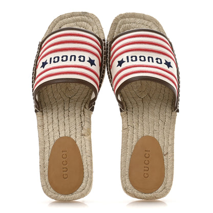Gucci Canvas Miro Soft Calfskin Striped Mens Espadrille Flat Slide Sandals 10 Greggio Brown Sugar 2 of 9