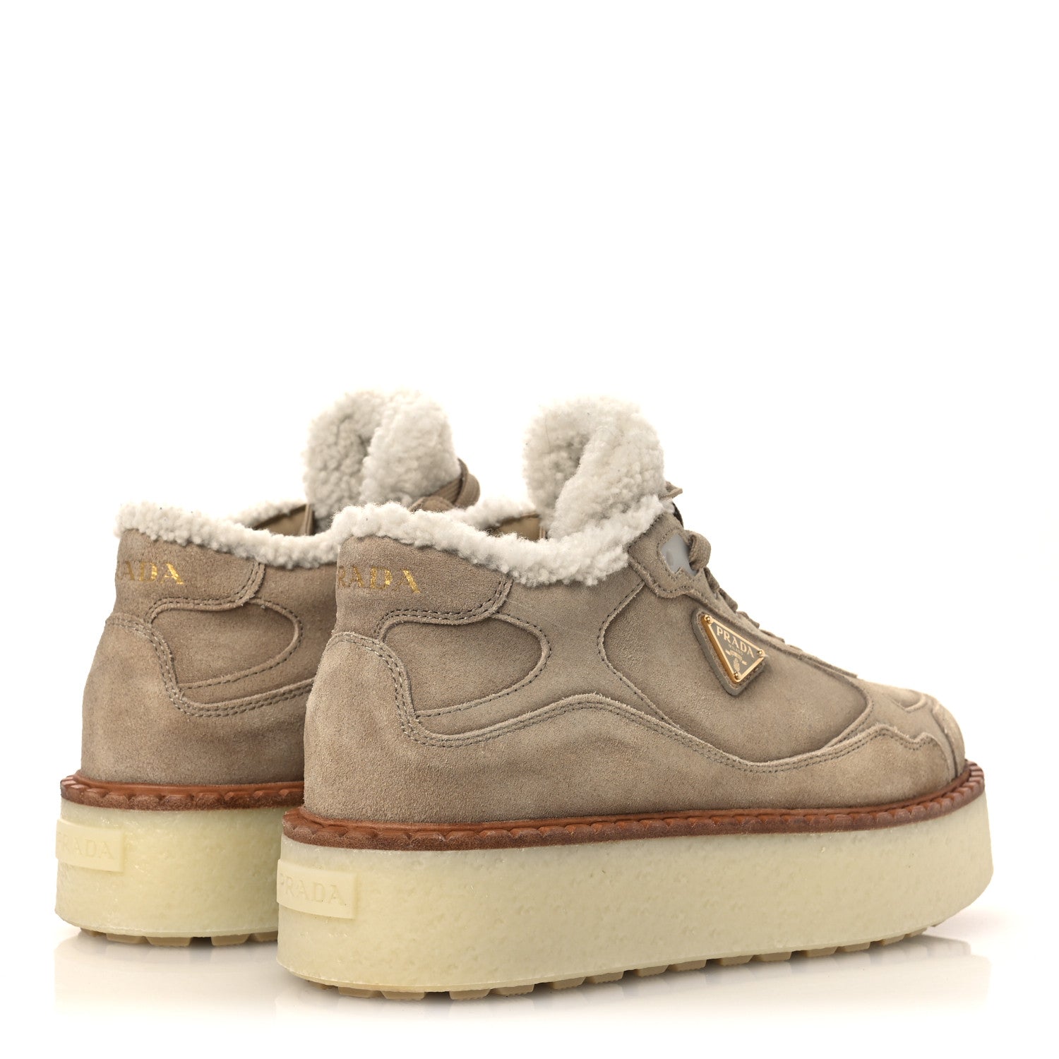 Prada Suede Shearling Mid Top Sneakers 41 Ecru 5 of 10