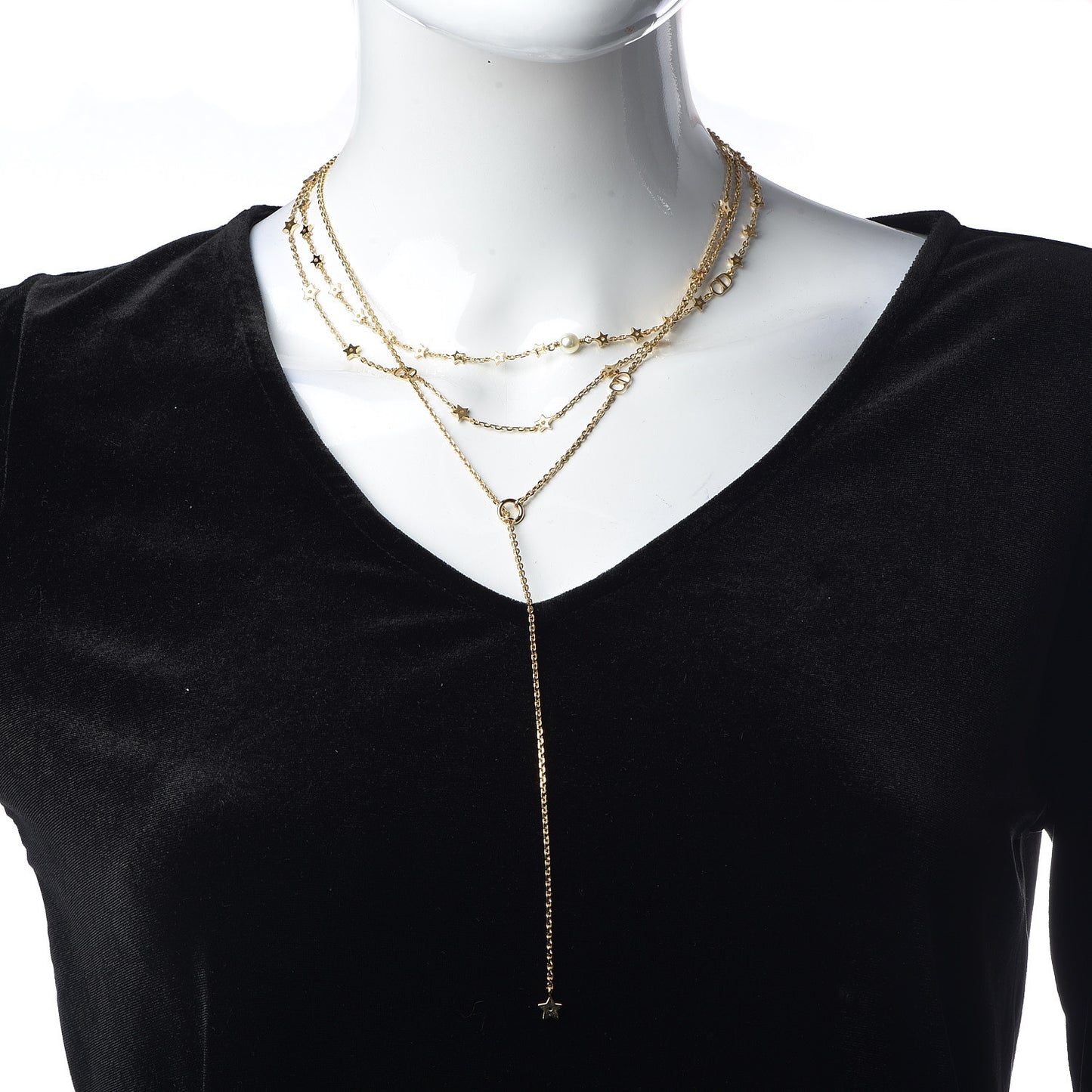 Metal Pearl CD Multi Strand Necklace Gold