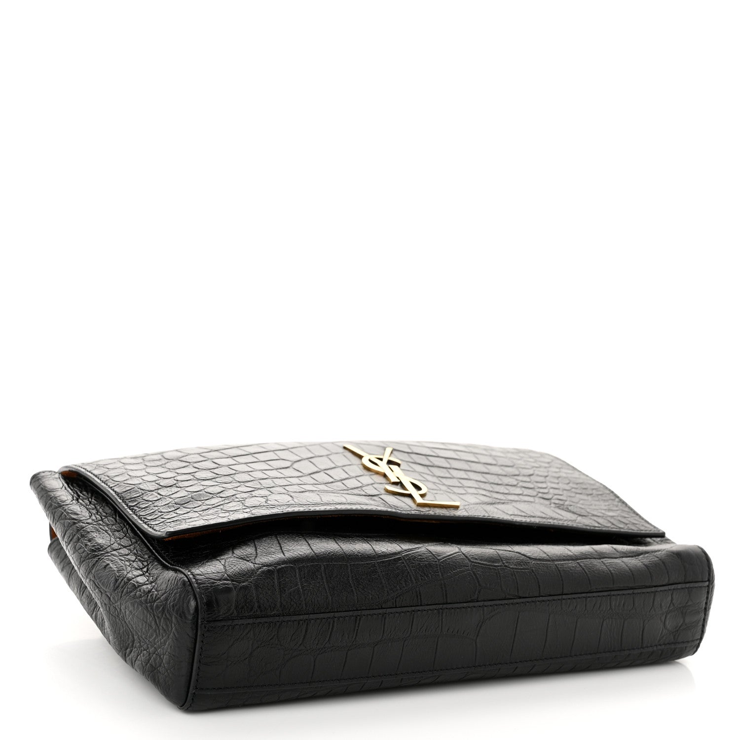 Saint Laurent Calfskin Crocodile Embossed Suede Medium Reversible Monogram Kate Satchel Military Taupe 4 of 13