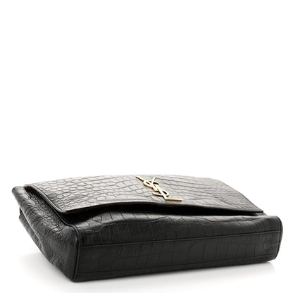 Saint Laurent Calfskin Crocodile Embossed Suede Medium Reversible Monogram Kate Satchel Military Taupe 4 of 13