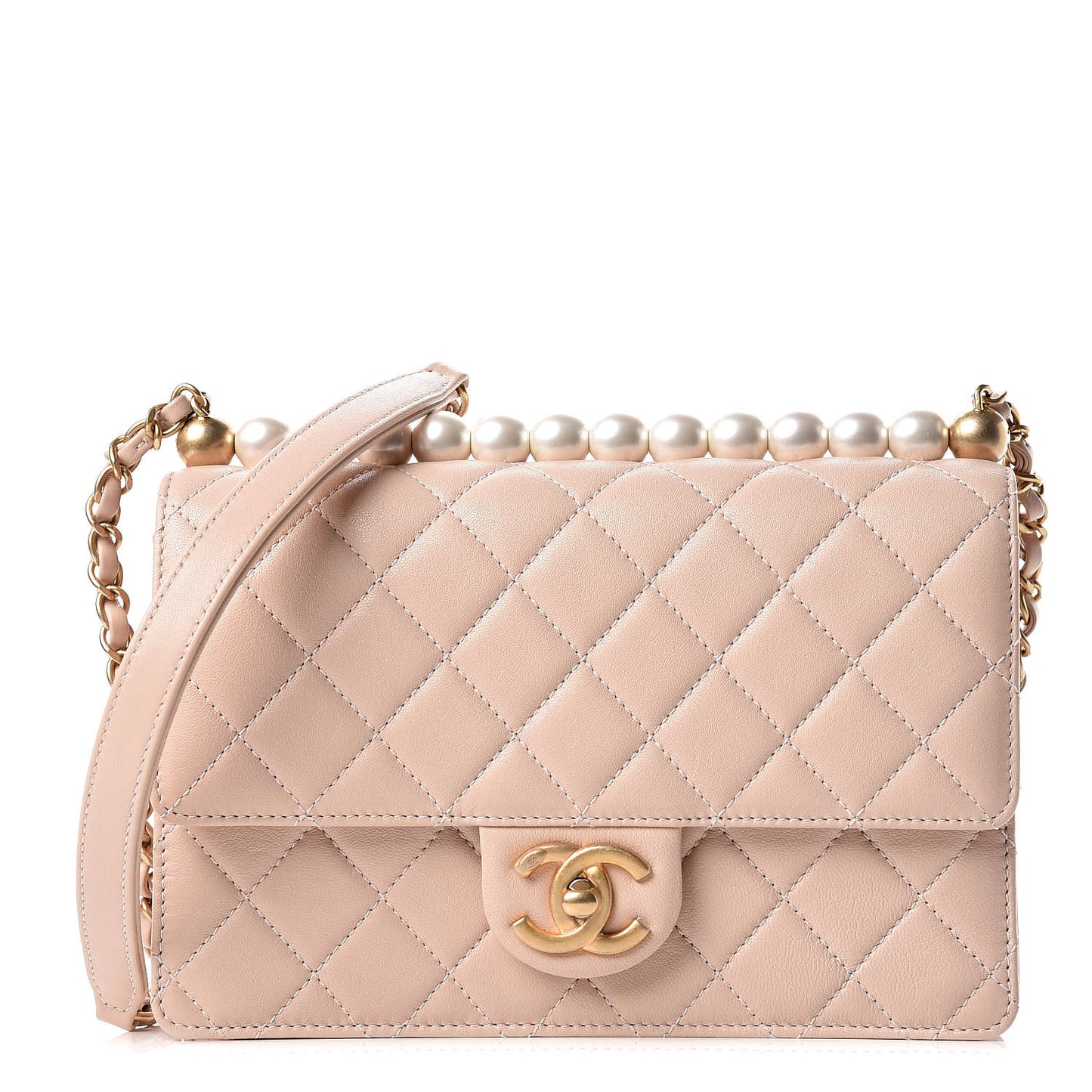 Lambskin Quilted Small Chic Pearls Flap Beige