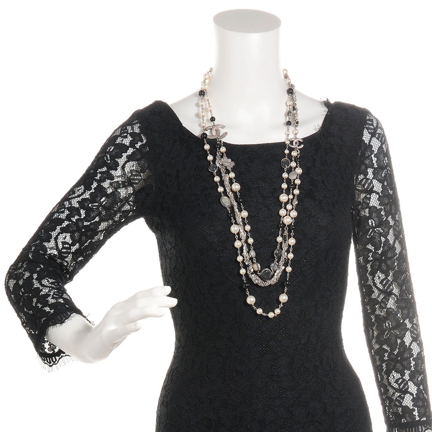 Pearl Beaded CC Necklace Black White