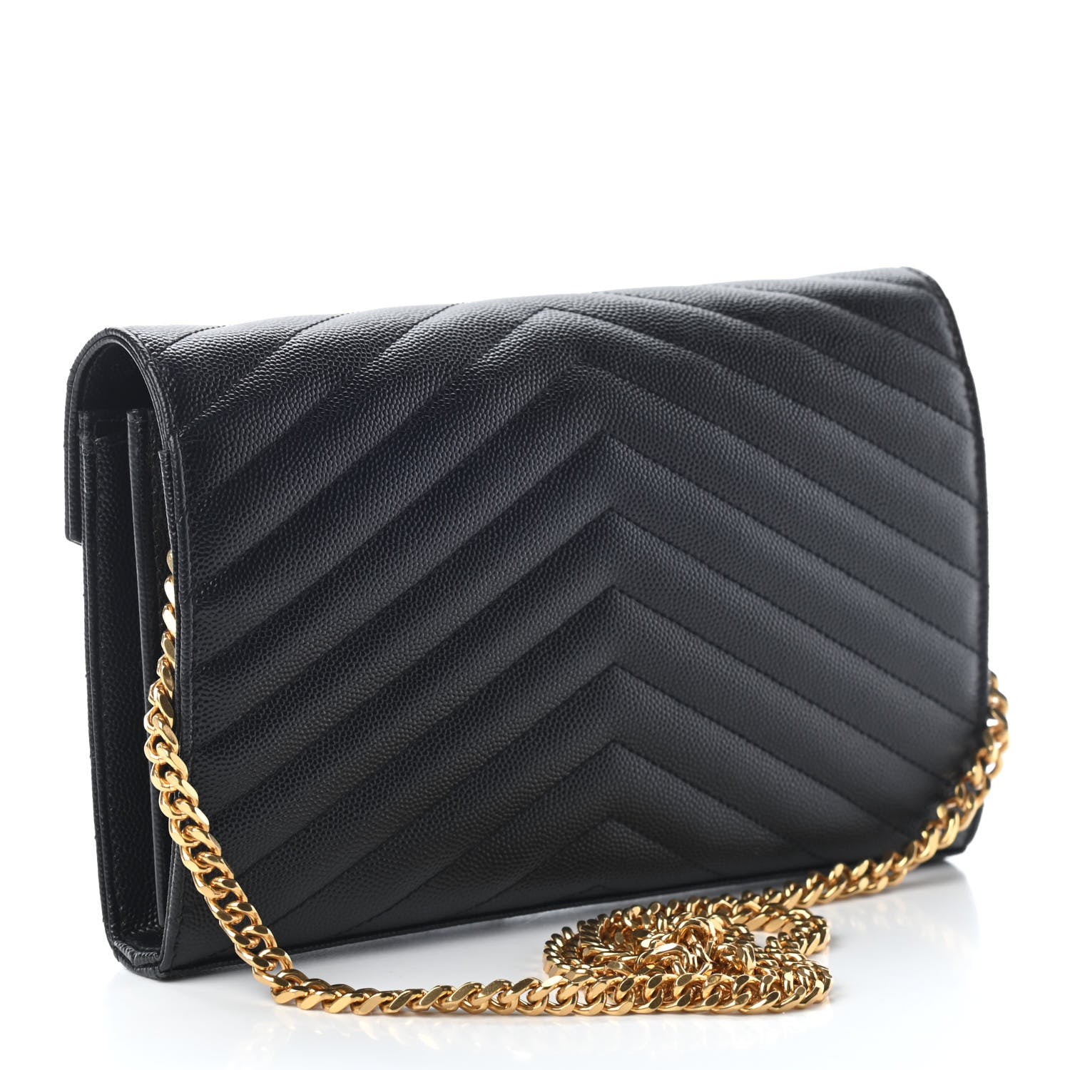 Saint Laurent Grain De Poudre Matelasse Chevron Monogram Chain Wallet Black 3 of 7
