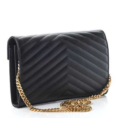 Saint Laurent Grain De Poudre Matelasse Chevron Monogram Chain Wallet Black 3 of 7