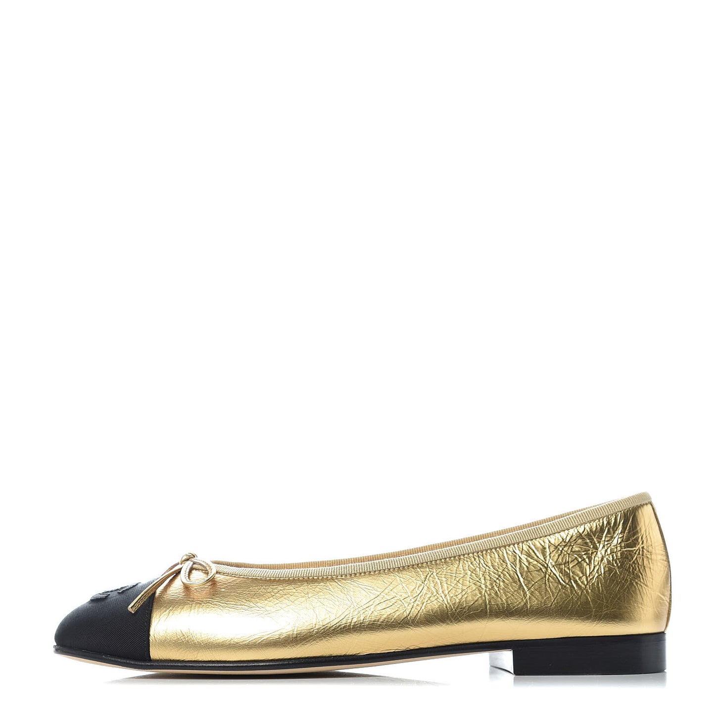 Laminated Lambskin Grosgrain Cap Toe CC Ballerina Flats 37.5 Gold Black