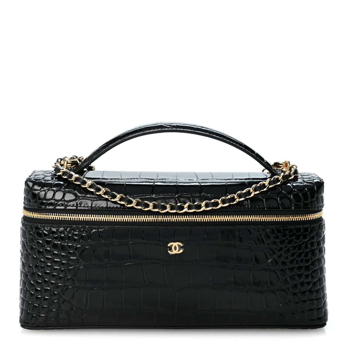 Calfskin Crocodile Embossed Crococo Top Handle East West Vanity Case With Chain Black