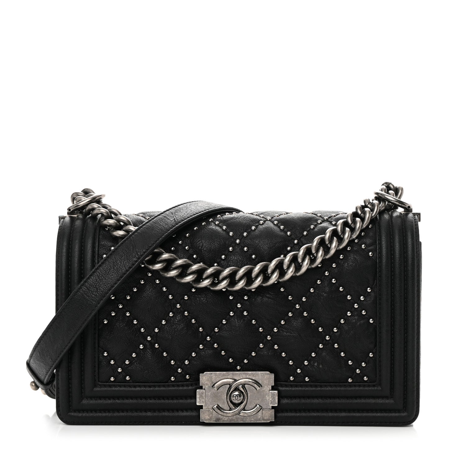 Crumpled Lambskin New Medium Studded Boy Flap Black