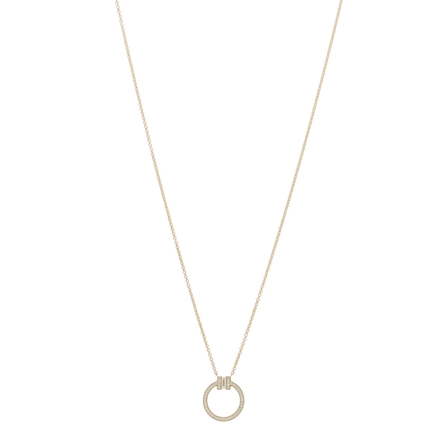 18K Yellow Gold Diamond T Baguette Pave Pendant Necklace