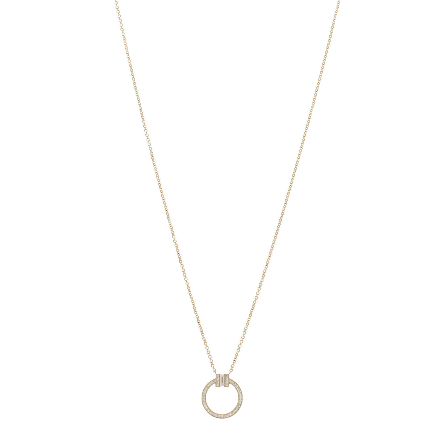 Tiffany 18K Yellow Gold Diamond T Baguette Pave Pendant Necklace 1 of 5