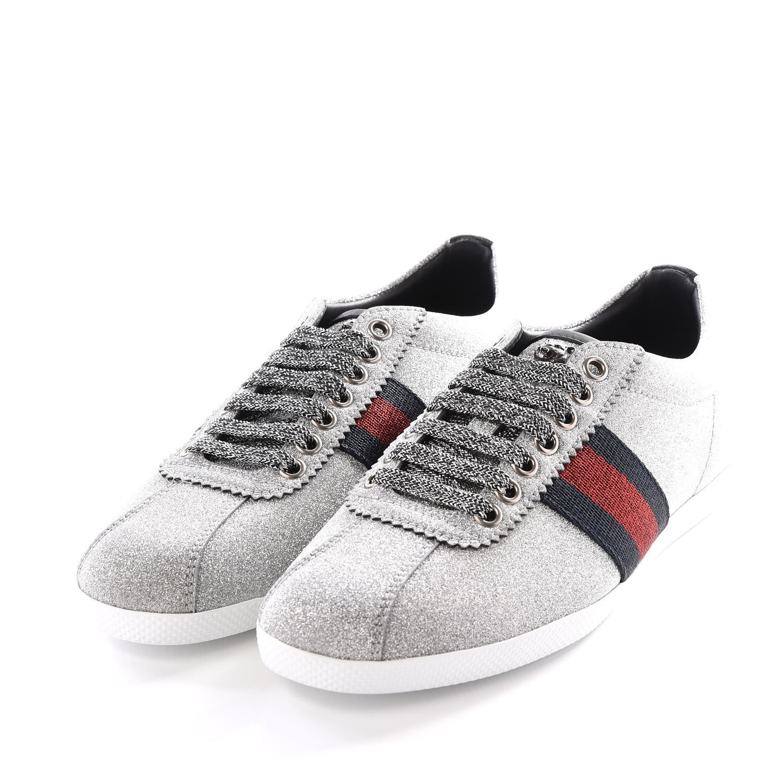 Gucci Glitter Fabric Studded Web Sneakers 36 Silver 2 of 8