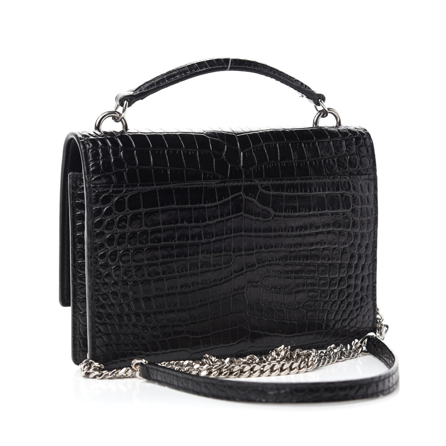 Calfskin Crocodile Embossed Monogram Sunset Top Handle Chain Wallet Black