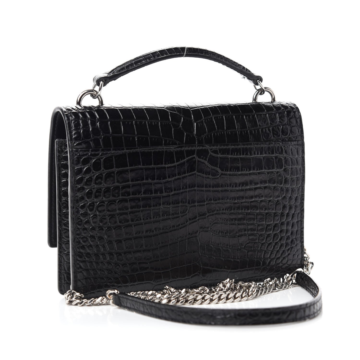 Saint Laurent Calfskin Crocodile Embossed Monogram Sunset Top Handle Chain Wallet Black 3 of 12