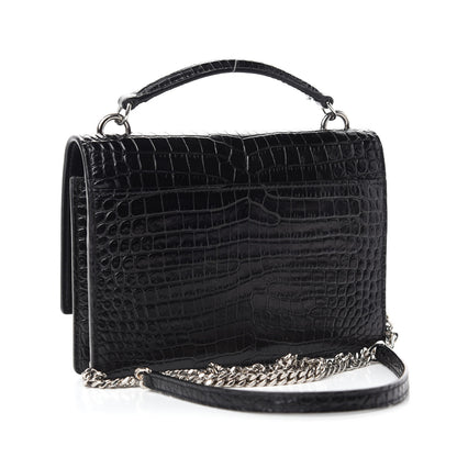 Saint Laurent Calfskin Crocodile Embossed Monogram Sunset Top Handle Chain Wallet Black 3 of 12