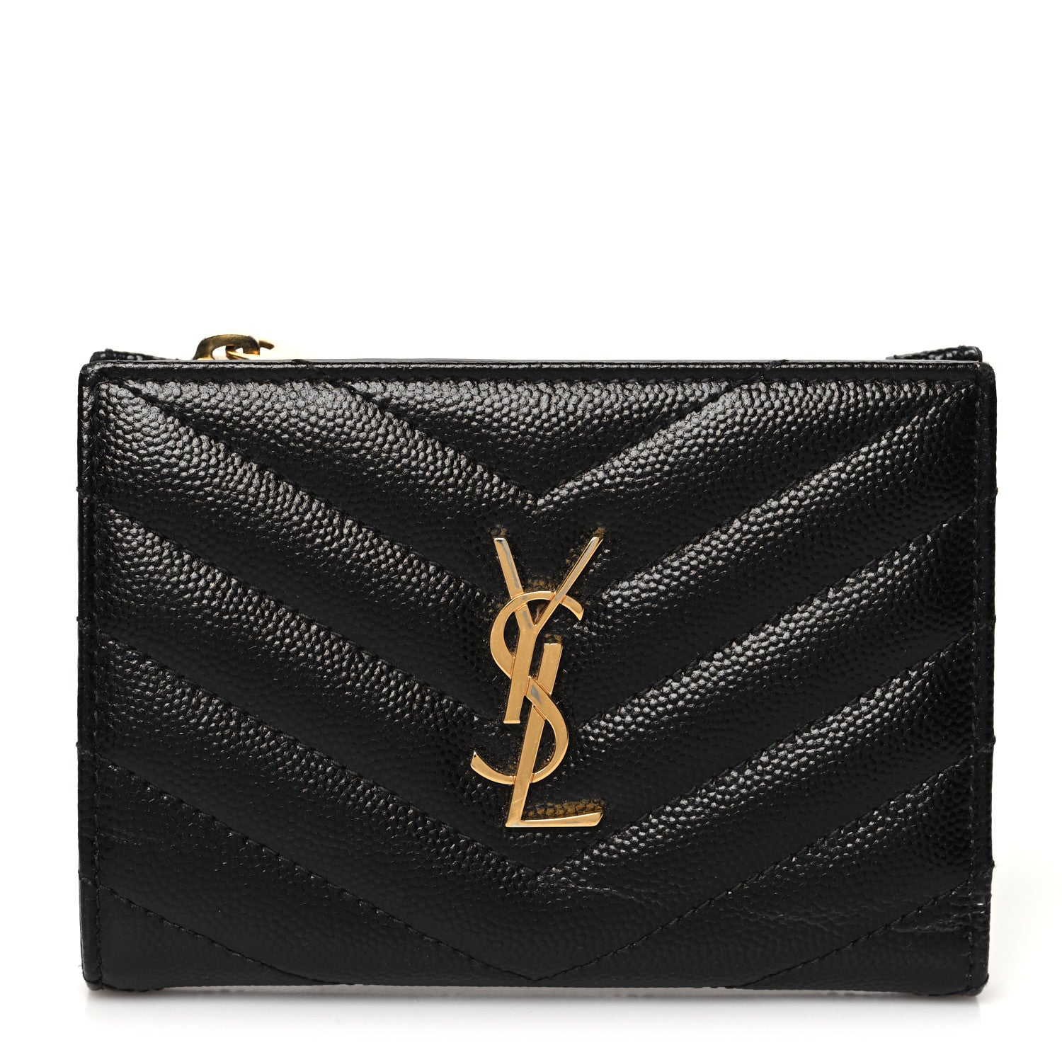 Saint Laurent Grain De Poudre Matelasse Chevron Monogram Zipped Two-Part Wallet Black 1 of 9