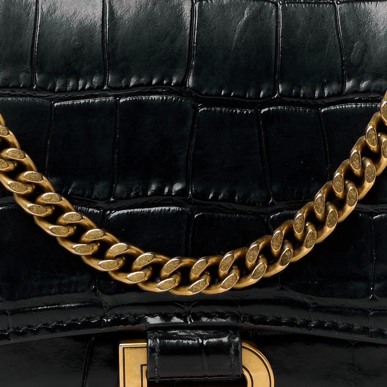 Balenciaga Shiny Calfskin Crocodile Embossed Hourglass Chain Bag Black 7 of 10