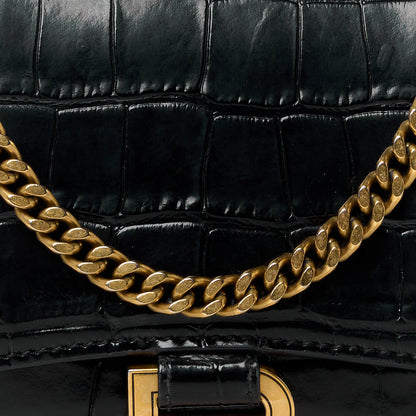Balenciaga Shiny Calfskin Crocodile Embossed Hourglass Chain Bag Black 7 of 10
