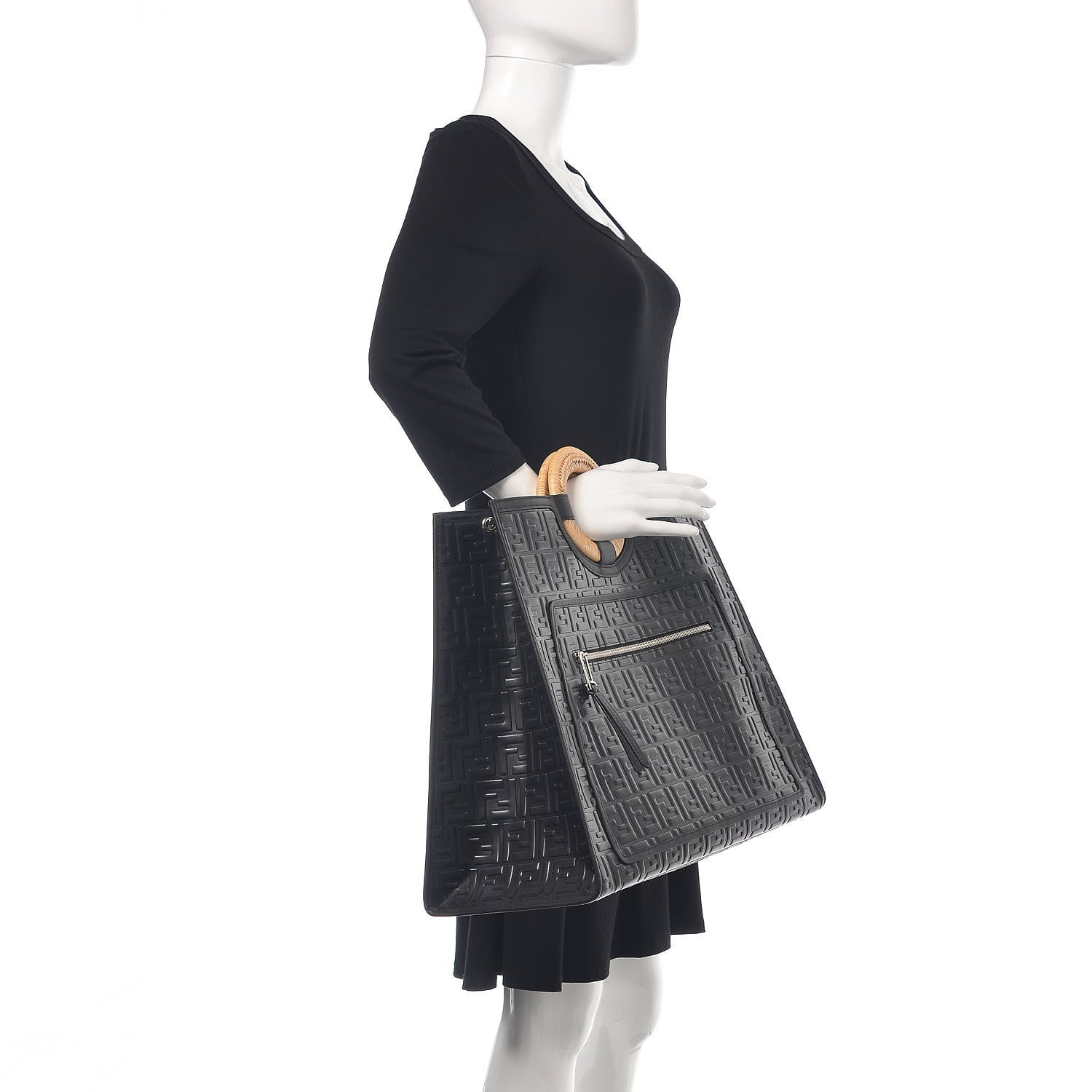Fendi Vitello Century Wicker FF 1974 Embossed Large Runaway Shopper Tote Black 2 of 10