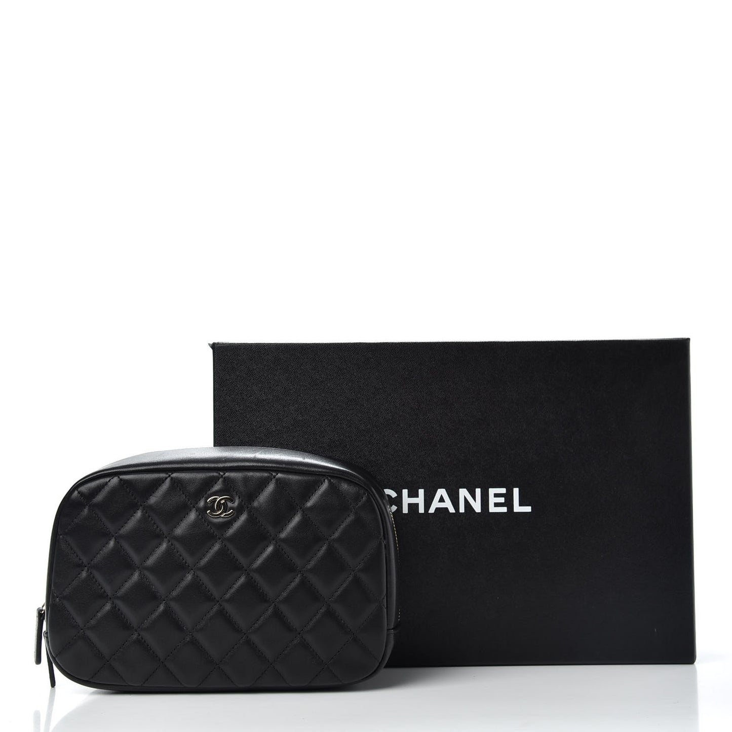 Lambskin Quilted Medium Curvy Pouch Cosmetic Case Black