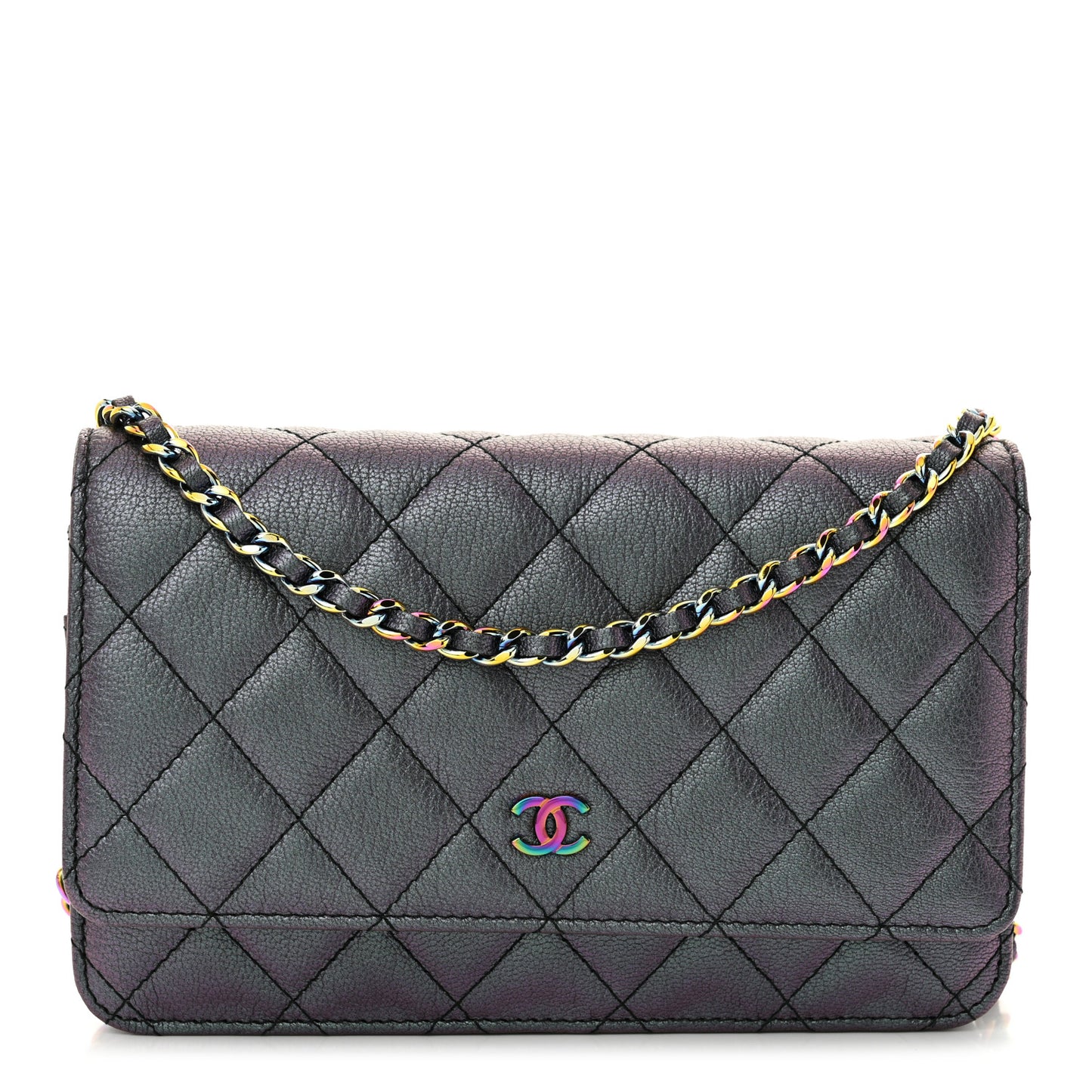 Iridescent Goatskin Quilted Wallet On Chain WOC Purple