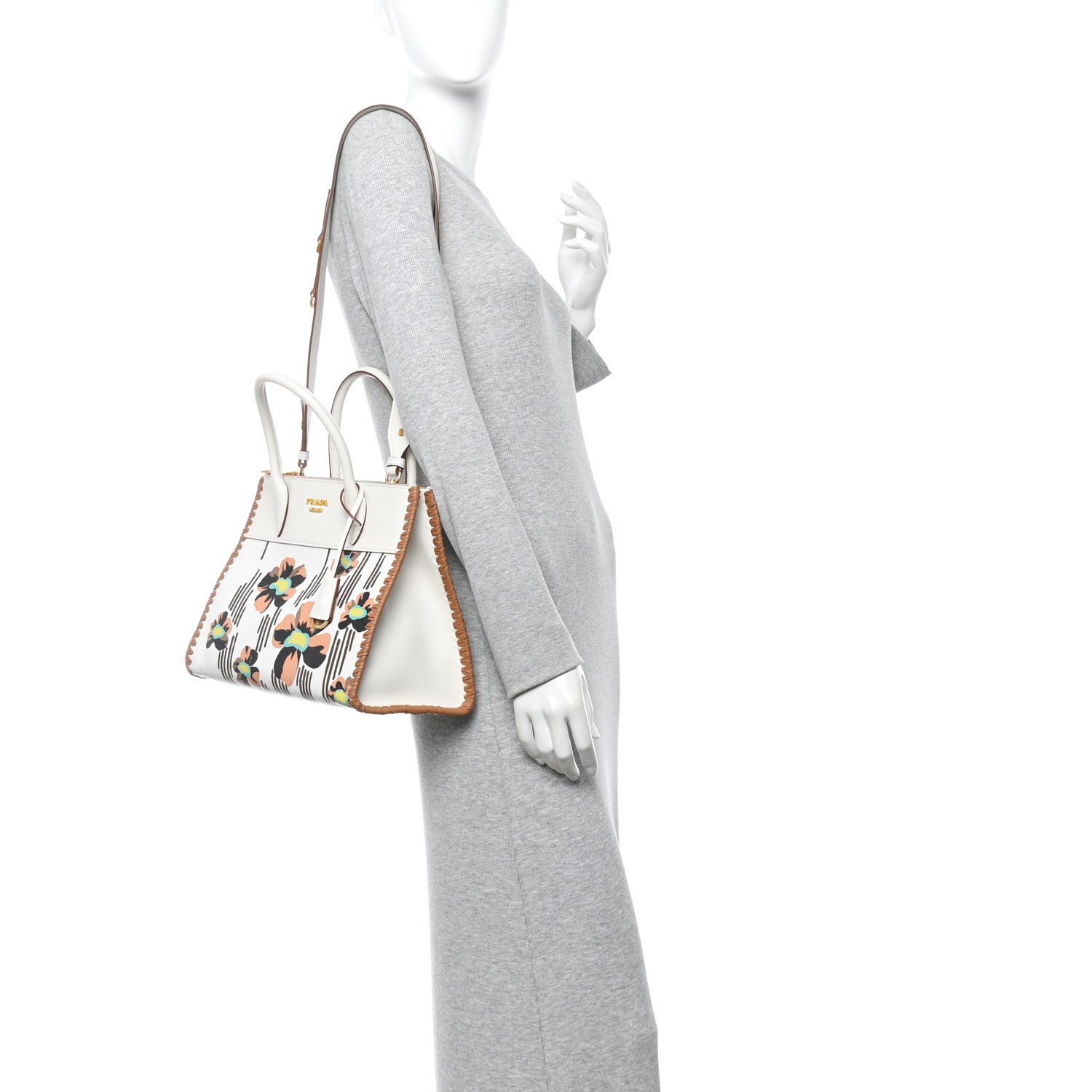 Prada Saffiano Whipstitch Medium Paradigme Bag White Caramel Multicolor 3 of 19