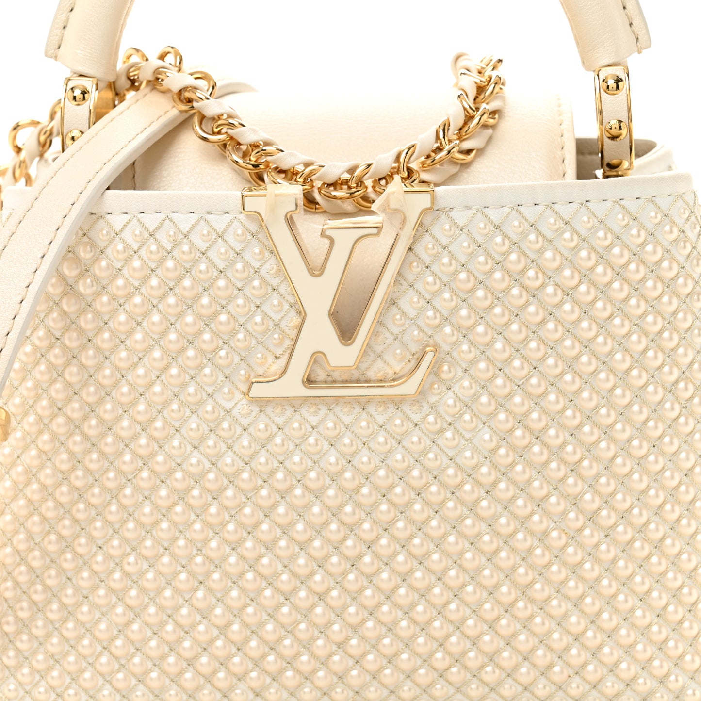 Metallic Calfskin Satin Pearl Embellished Mini Treasure Capucines Cream