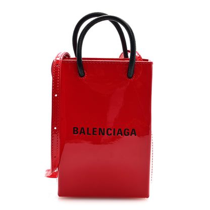 Balenciaga Patent Calfskin Logo Shopping Phone Holder Bag Bright Red 1 of 9