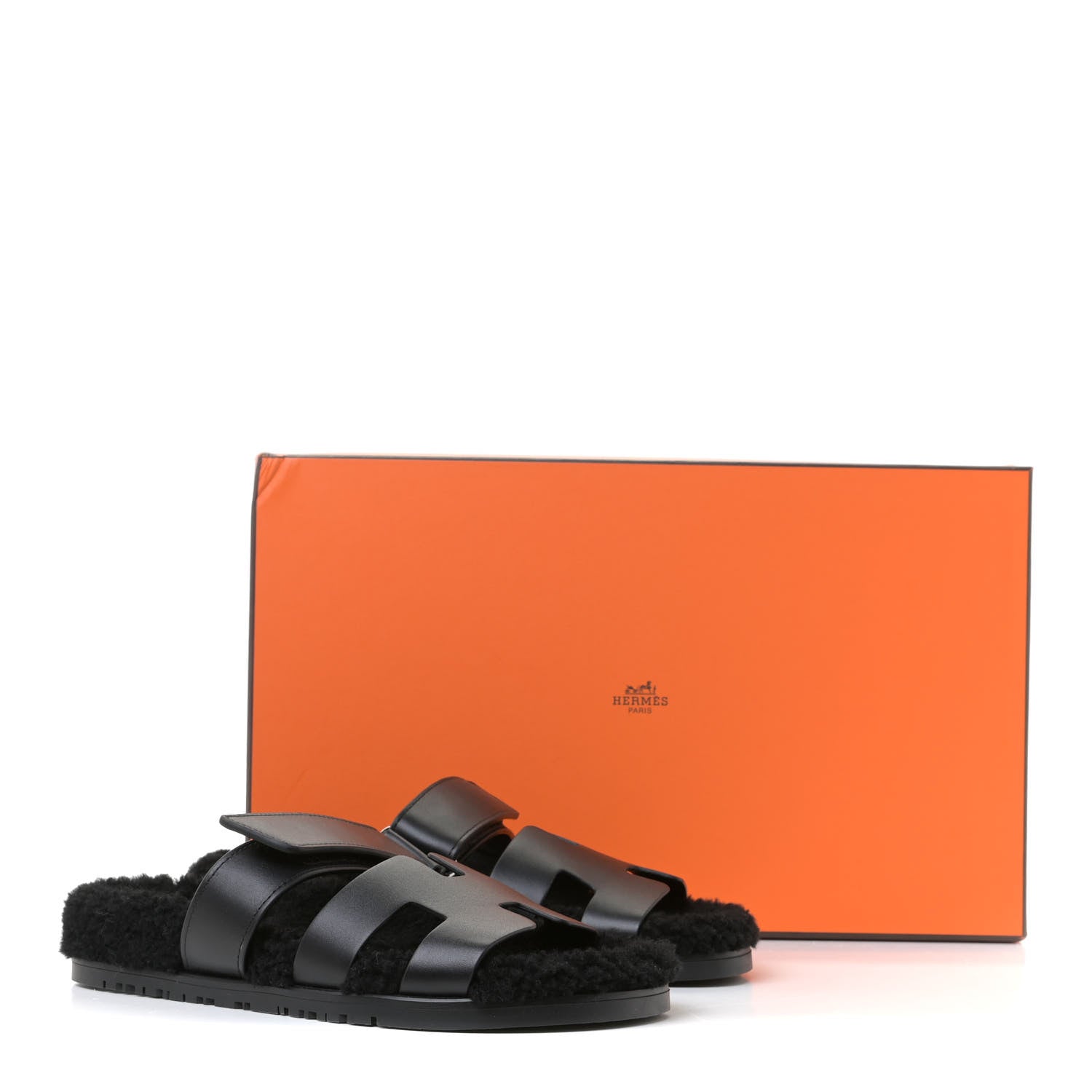 Hermes Calfskin Woolskin Womens Chypre Sandals 37 Black 10 of 10