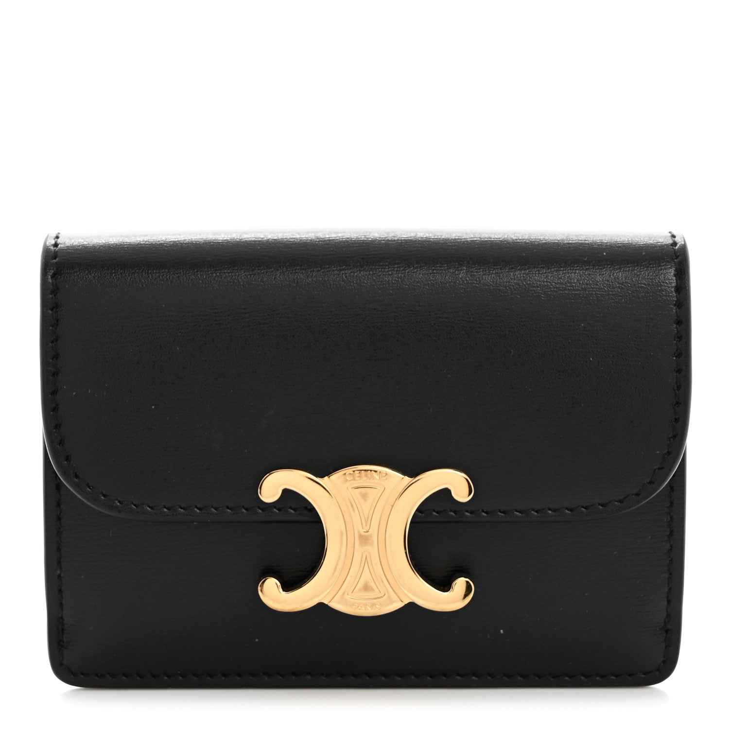 Celine Shiny Calfskin Triomphe Flap Card Holder Black 1 of 9