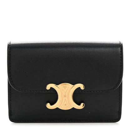 Celine Shiny Calfskin Triomphe Flap Card Holder Black 1 of 9