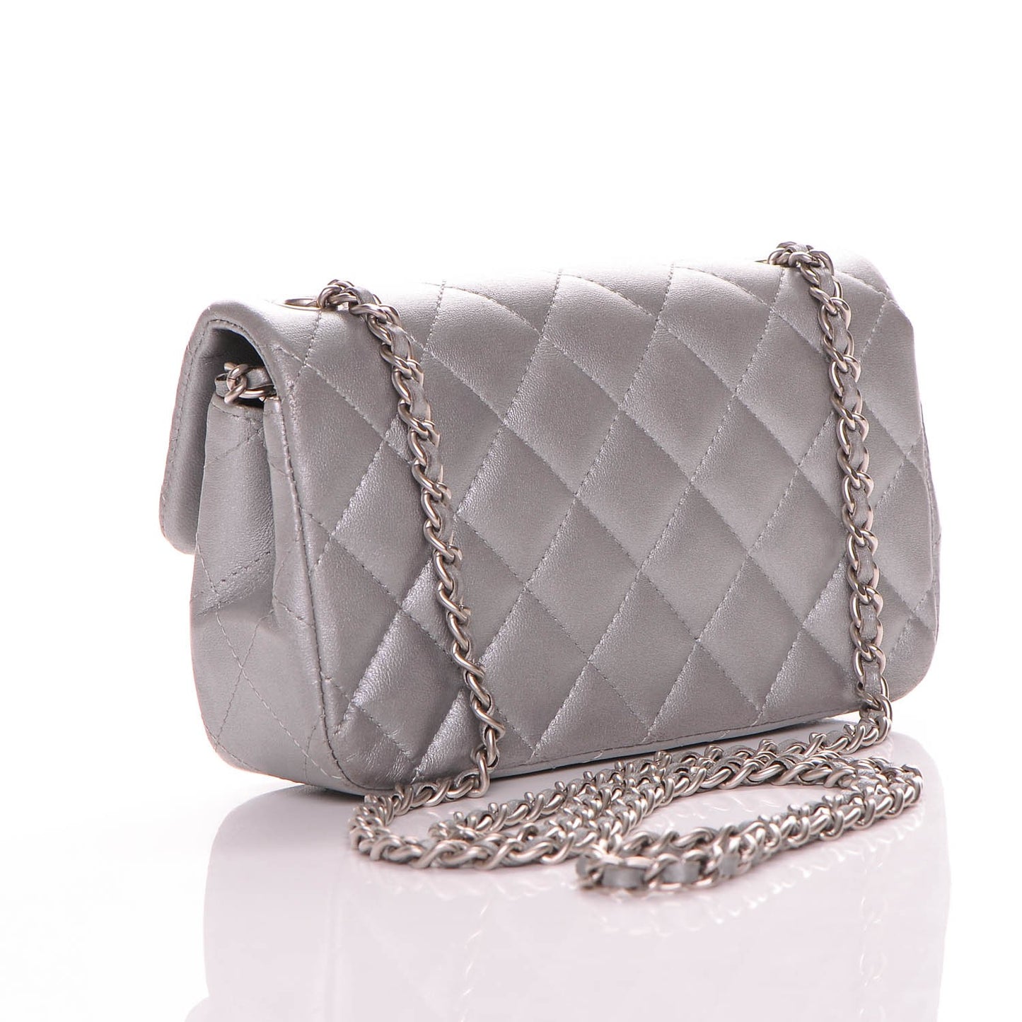 Metallic Lambskin Quilted Extra Mini Rectangular Flap Silver