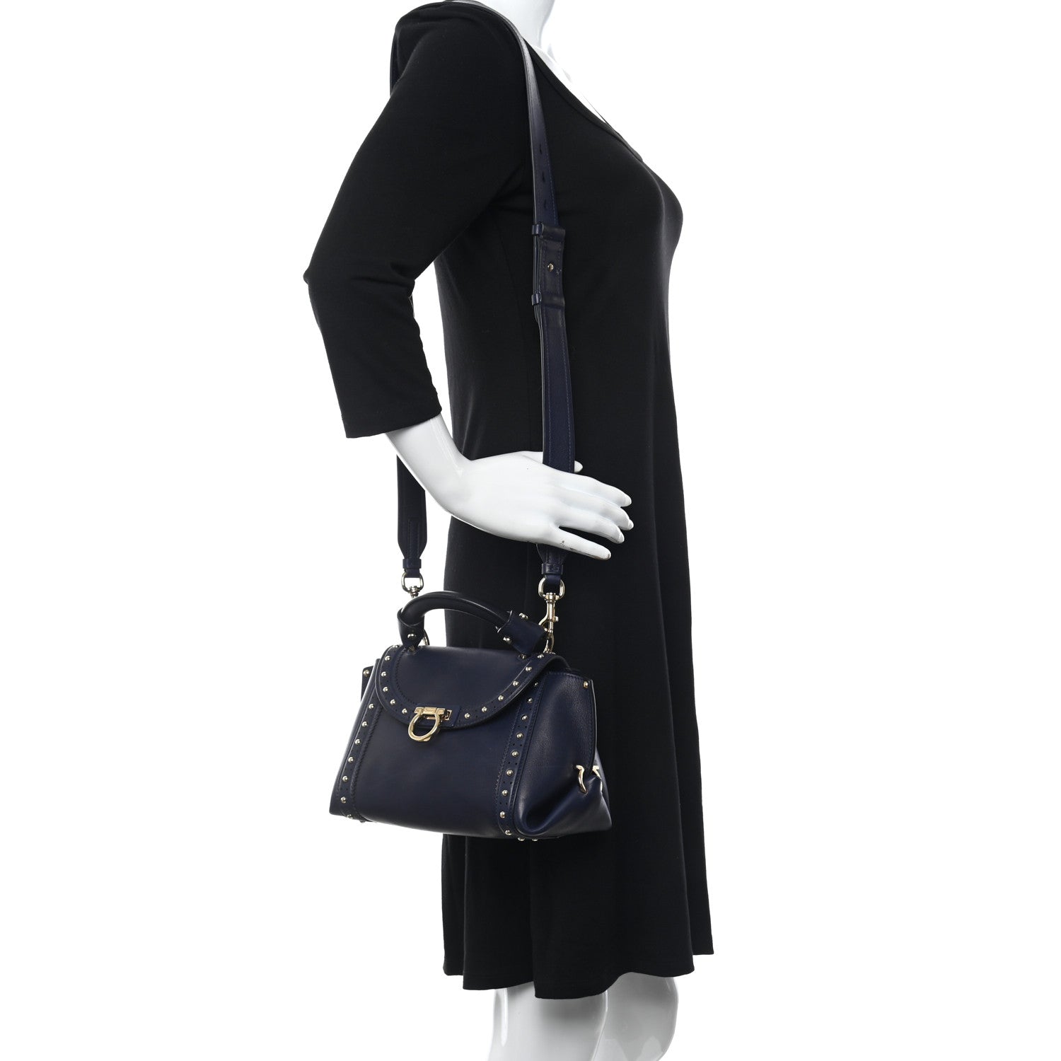 Salvatore Ferragamo Calfskin Studded Sofia Satchel Navy 2 of 9