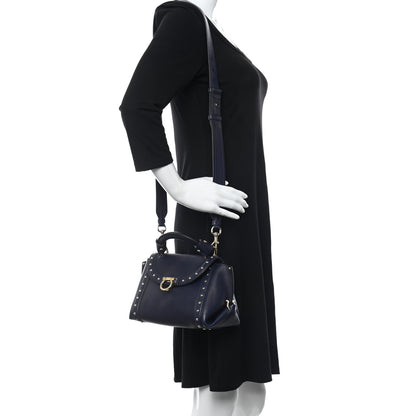 Salvatore Ferragamo Calfskin Studded Sofia Satchel Navy 2 of 9