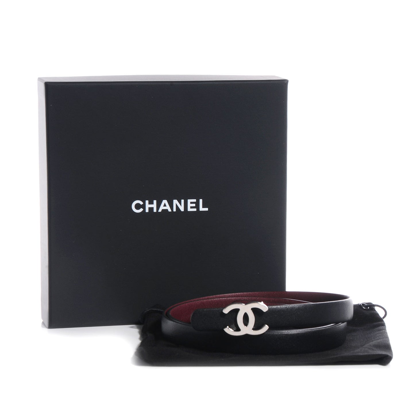 Reversible Leather CC Logo Skinny Belt 85 Black Burgundy