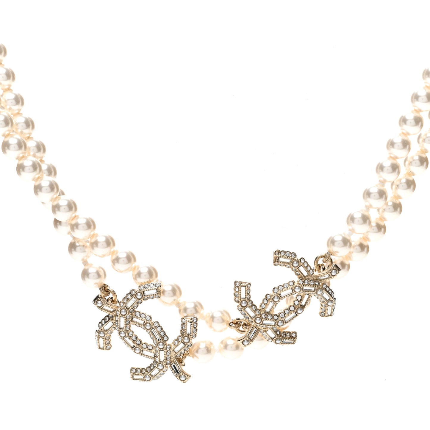 Pearl Baguette Crystal CC Long Necklace Gold