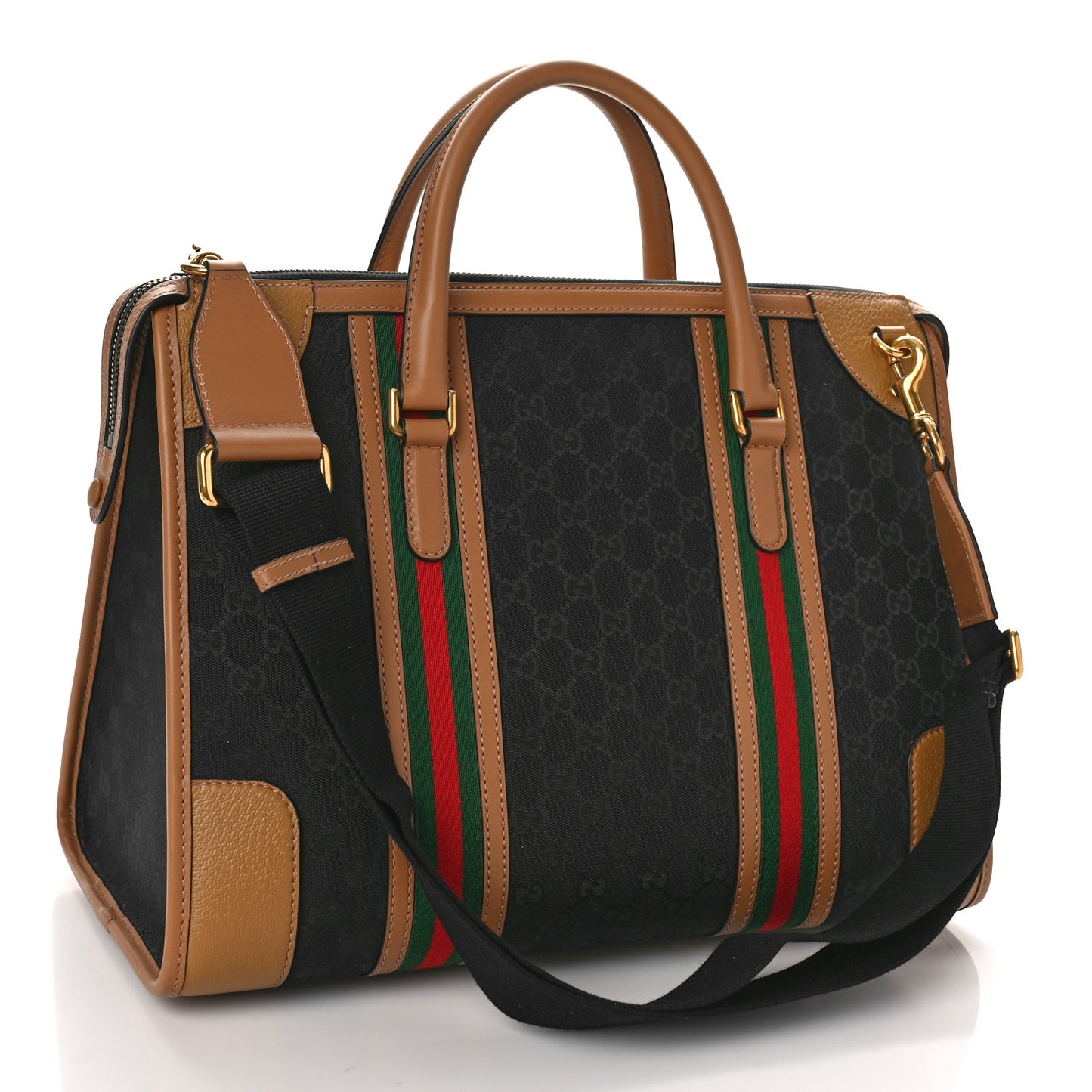 Monogram Textured Dollar Calfskin Web Large Bauletto Duffle Top Handle Bag Black Koi Beige