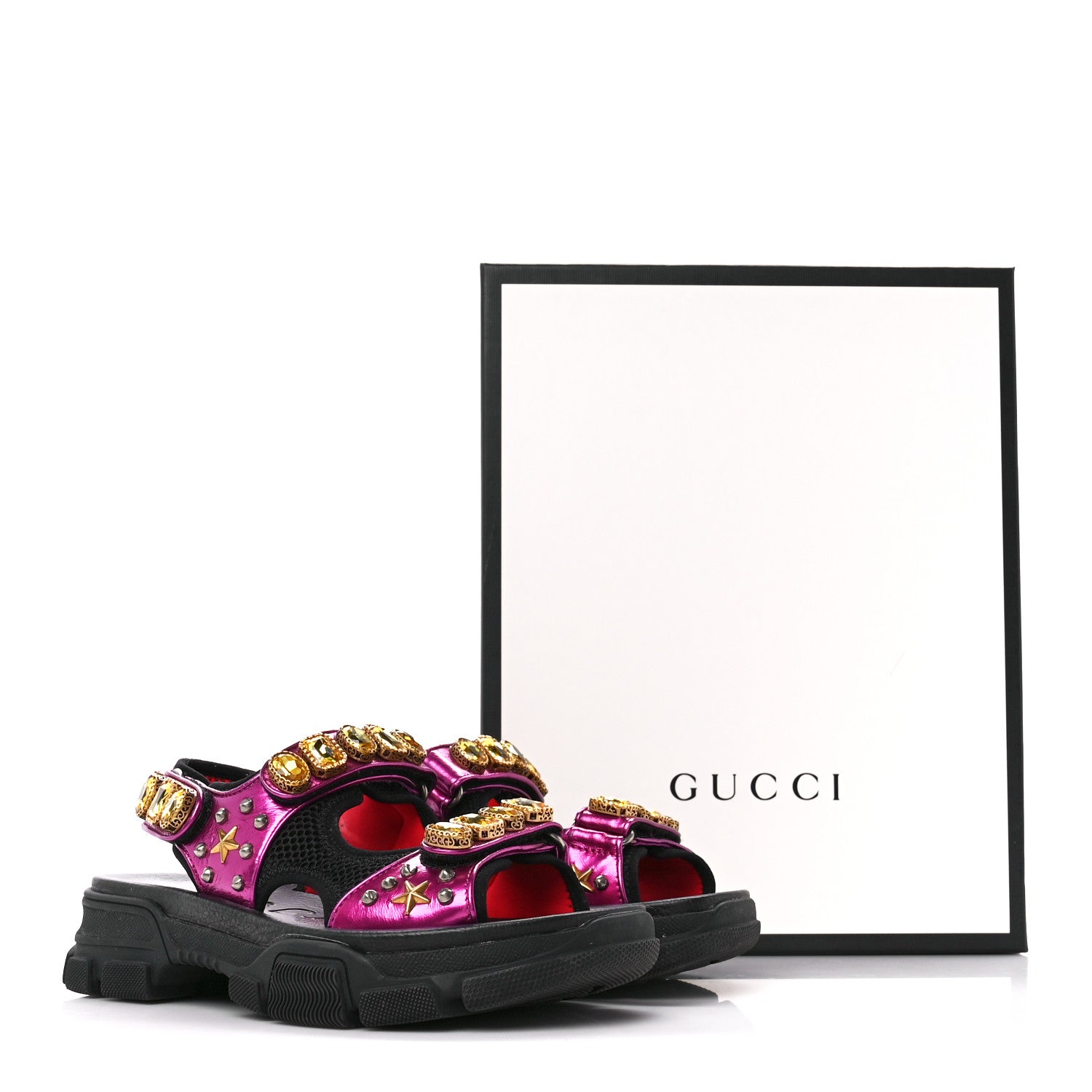Gucci Nappa Mesh Crystal Embellished Studded Womens Aguru Sandals 38 Pink Black 10 of 10