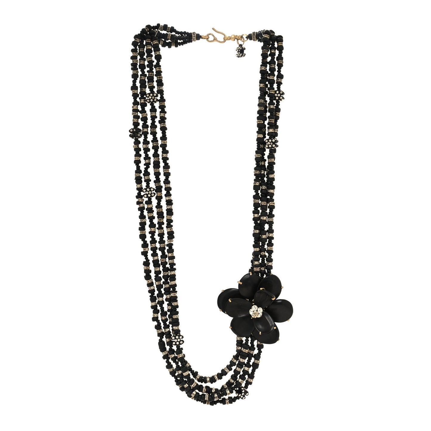 Wood Crystal Bead Camellia Multi Strand Necklace Black