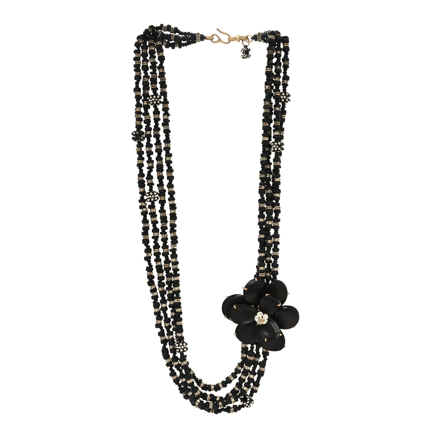 Chanel Wood Crystal Bead Camellia Multi Strand Necklace Black 3 of 6