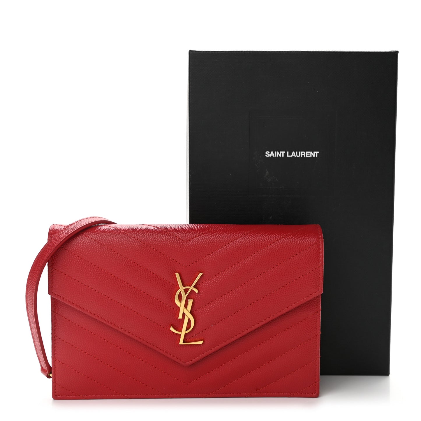 Grain De Poudre Matelasse Chevron Monogram Envelope Chain Wallet New Red