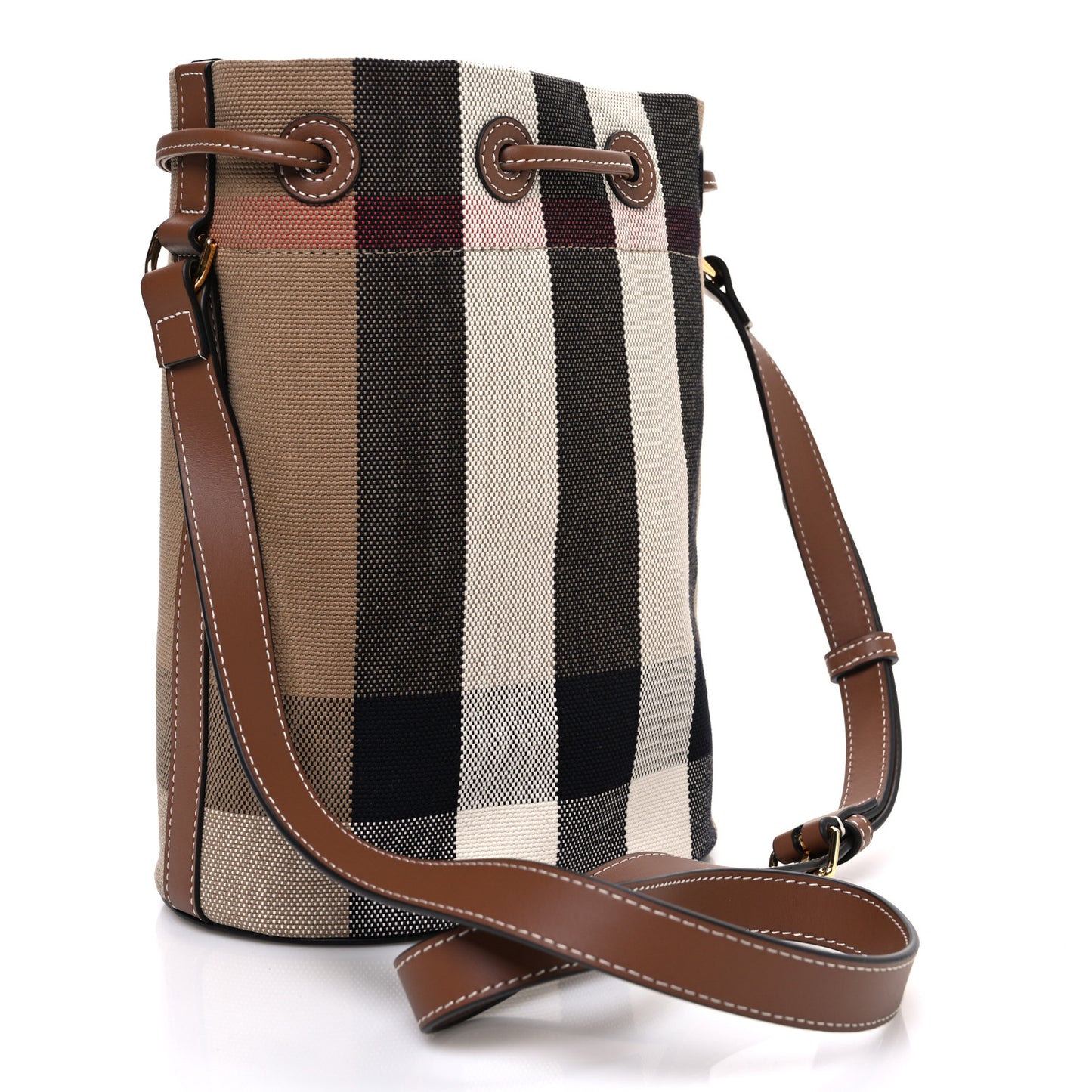 Giant Check Canvas Small Bucket Bag Taupe Brown