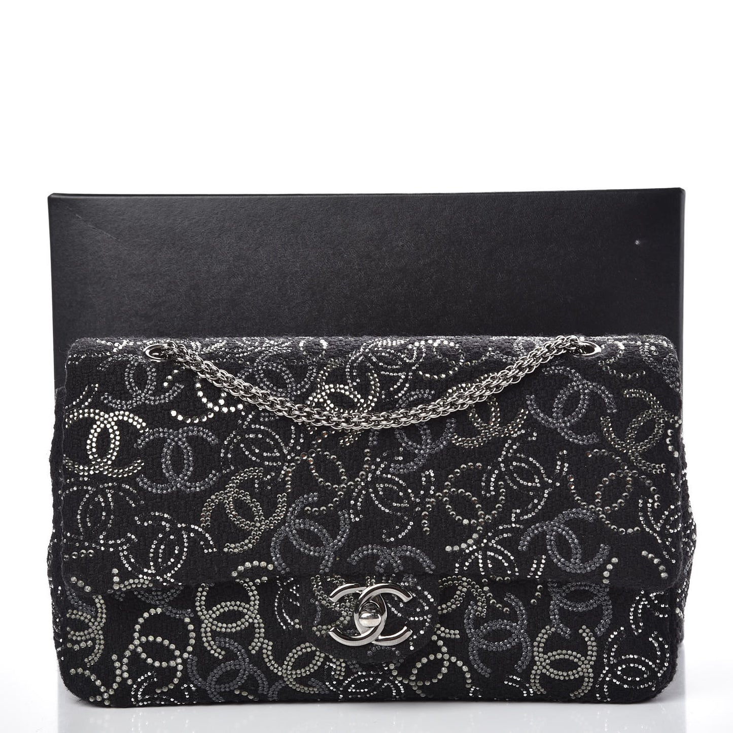 Tweed Strass Medium Pudong Double Flap Black