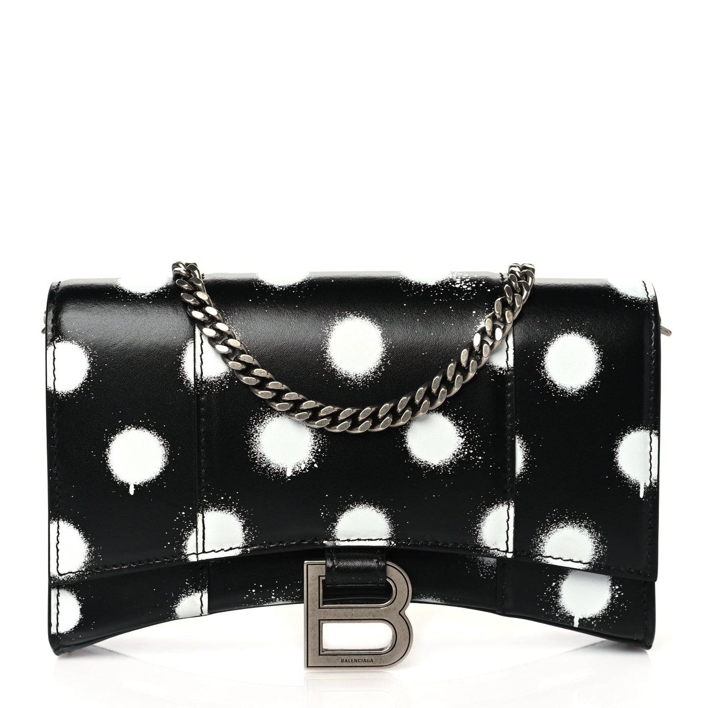 Shiny Box Calfskin Polka Dot Hourglass Chain Bag Black White