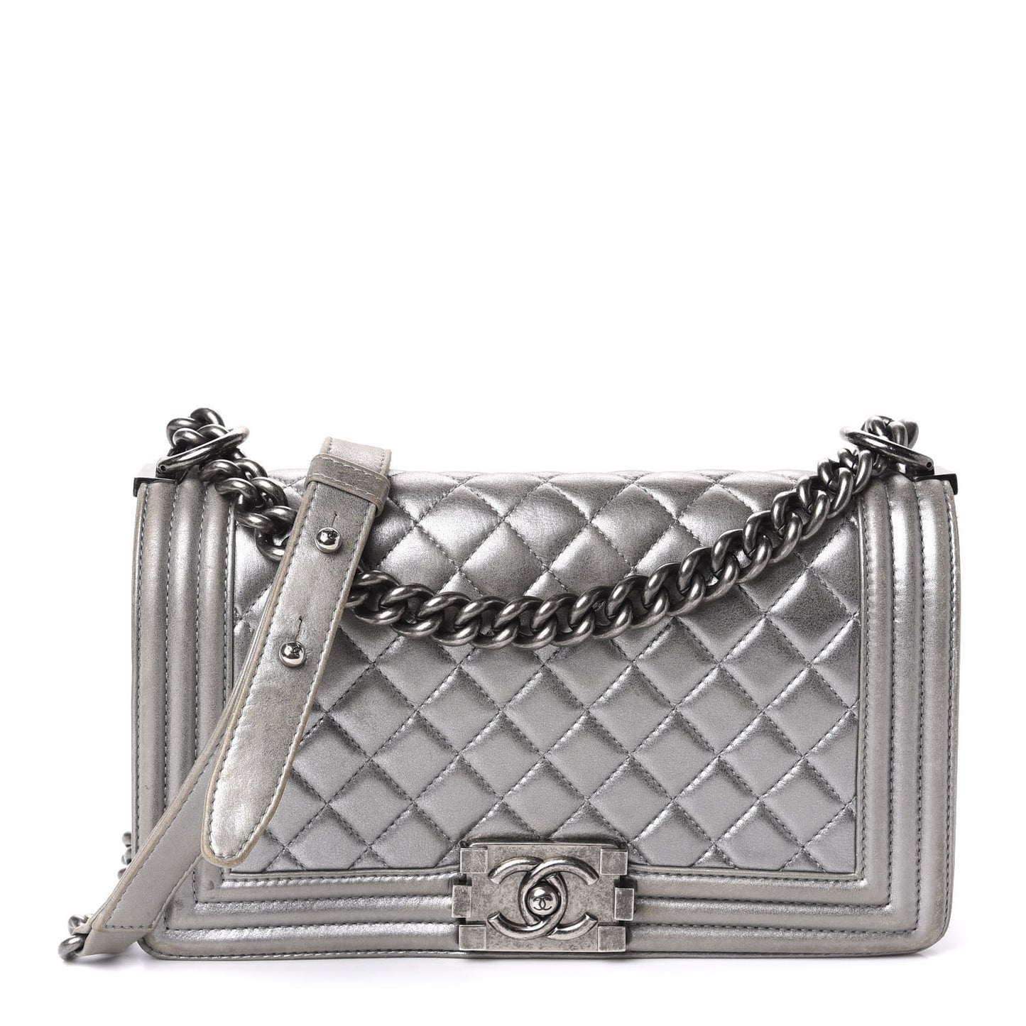Metallic Lambskin Quilted Medium Boy Flap Silver